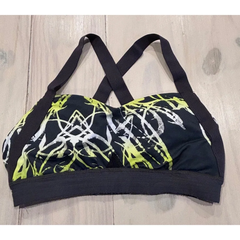 Zella Womens Medium Sports Bra Black Lime Green Abstract Print Adjustable Straps